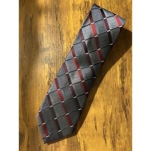 KENNETH COLE AWARENESS MENS NECKTIE ALL SILK GRAY/RED GEOMETRIC NEW